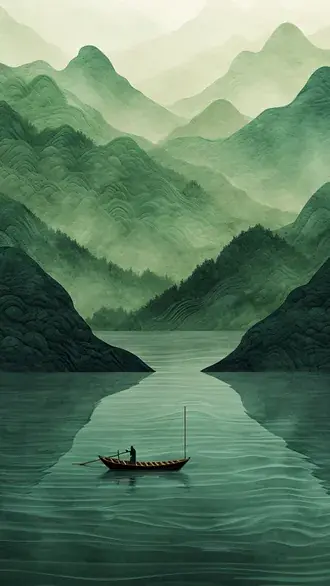stylized green landscape painting with boatman on calm river between textured mountain peaks download