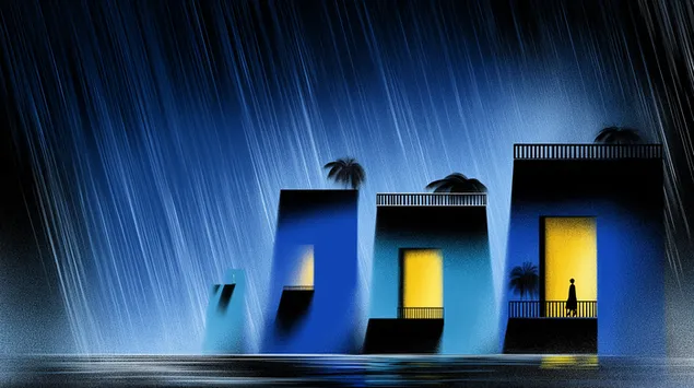 stilizirana nocna scena s hodajucom figurom u pljusku preuzmi