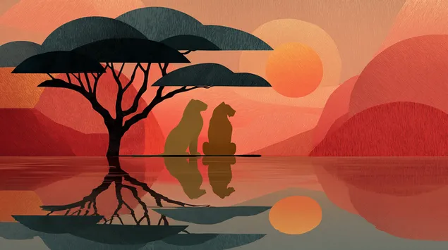 바오밥 나무 아래 사자가 비친 양식화된 일몰 풍경 2K 배경화면