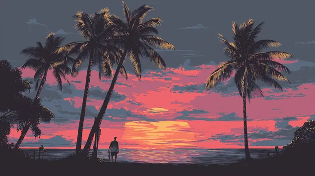 Stilizēta tropiskā okeāna aina ar palmām un lielu saulrietu 2K fona tapete