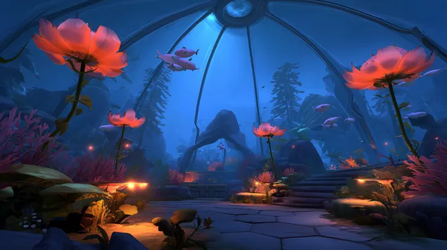 Zanurzony spokój: bioluminescencyjne kwiaty w akwariach 2K tapeta