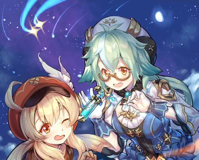 Sukrose og Klee sammen i mørk månenatt | Ganshin innvirkning 2K bakgrunn