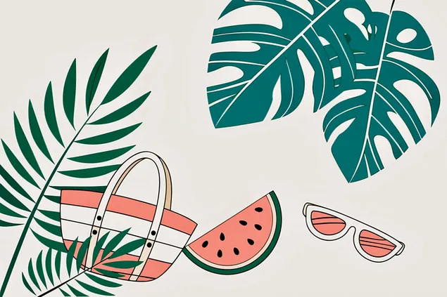 Osnove ljetnog odmora: tropsko lišće, lubenica i sunčane naočale 4K pozadina