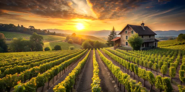 Ταπετσαρία Ηλιόλουστος αμπελώνας με σειρές από αμπέλια και μια ρουστίκ αγροικία στο βάθος 4K