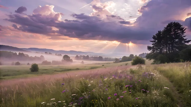 suncevi zraci probijaju dramaticne oblake iznad maglovite livade preuzmi