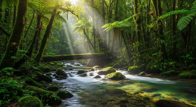 slnecne luce prenikaju cez bujne listie dzungle a osvetluju pokojny potok, ktory jemne tecie okolo machom obrastenych skal a hustych zelenych rastlin. stiahnut