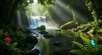 sunbeams stream through lush jungle foliage, illuminating a crystal-clear river and tranquil waterfall surrounded by vibrant flora and a vivid blue bu