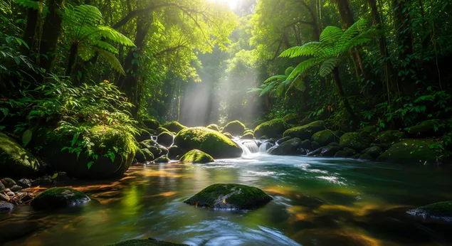 阳光穿过茂密的热带雨林，照亮了一条潺潺溪流，溪水两岸长满青苔的岩石和翠绿的树叶，构成了一幅宁静自然的景象。 8K 壁纸