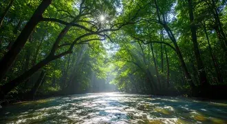 sunlight filters through a lush green canopy, casting beams of light onto a flowing forest stream and creating a magical, peaceful atmosphere