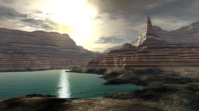 Sollys reflekterer naturligt dannede klipper og søvand blandt skyer 8K baggrundsbillede