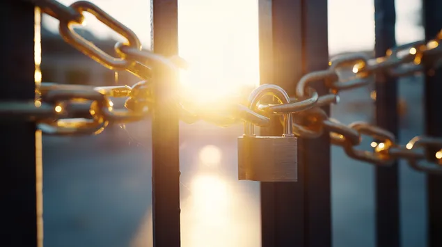 بوابة سوداء مضاءة بنور الشمس ومؤمنة بسلسلة ذهبية وقفل 2K خلفية