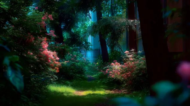 Saulės apšviestas miško takelis, vedantis į paslėptus vartus žalumoje 2K ekrano užsklanda