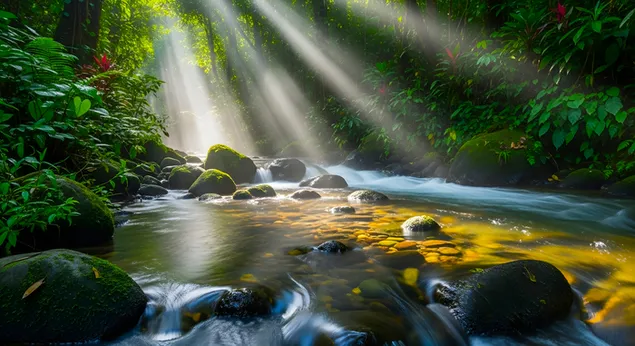 阳光下的丛林河流：热带森林溪流和长满青苔的岩石 4K 壁纸