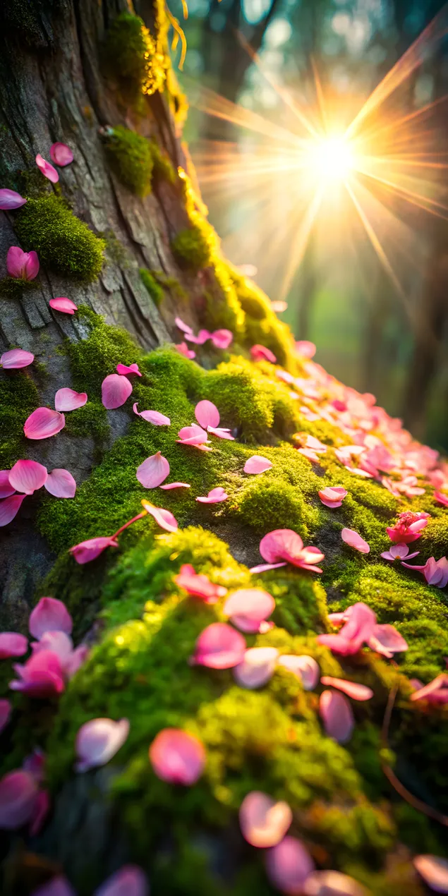 阳光照射的树干，有粉红色的花瓣和绿色的苔藓 2K 壁纸