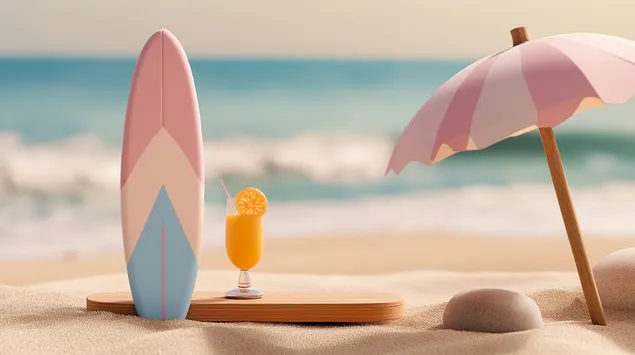 Dan na sunčanoj plaži s daskom za surfanje, suncobranom i osvježavajućim koktelom 2K pozadina