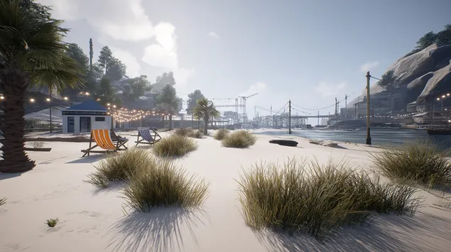 Zonnig strand met stoelen, lichtjes en een verafgelegen stadsgezicht 2K achtergrond