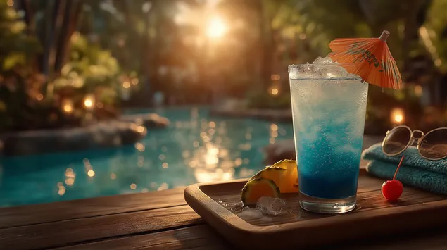 Koktel sunčanog dana pored tropskog bazena 2K pozadina