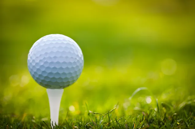 Sonniger Golfplatz und weißer Golfball auf T-Stück herunterladen