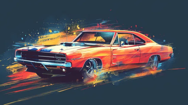 Zonnige nostalgie van een stoere muscle car 8K achtergrond