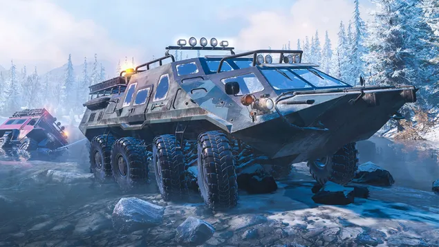 スノーランナービデオゲーム雪に覆われた森と雪道の戦闘車両 ダウンロード