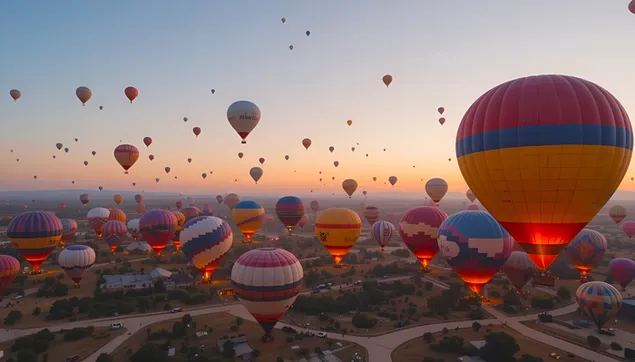 Festival de globus aerostàtics a la sortida del sol: un cel ple de color 2K fons de pantalla