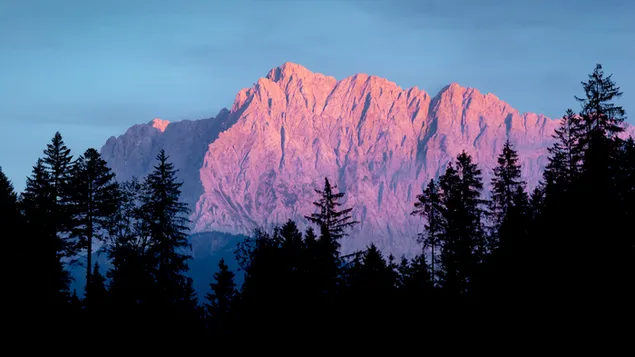 Sonnenaufgang in den Bergen mit der Silhouettenansicht der Bäume 4K Hintergrundbild