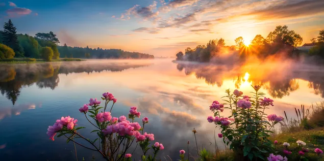 Tapeta Východ slnka nad pokojným jazerom obklopeným hmlou s ružovým kvetom zblízka plávajúcim pri brehu 4K