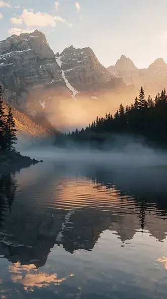 sunrise over misty alpine lake download