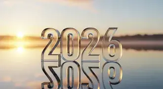reflexos do nascer do sol em um vidro 3d com o numero ''2026'' flutuando sobre aguas calmas. download