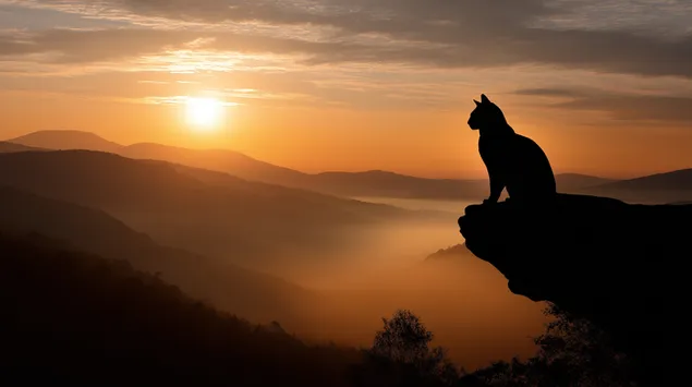 Silhouette de chat au coucher du soleil surplombant des montagnes majestueuses 2K fond d'écran