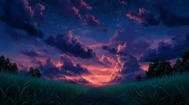 Tapeta Západ slunce na obzoru nad travnatým polem 2K