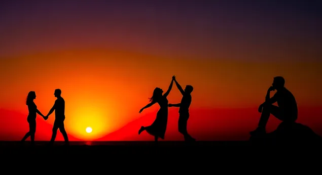 sonnenennergangsleift & einsamkeet: koppelen, danz, reflexioun eroflueden