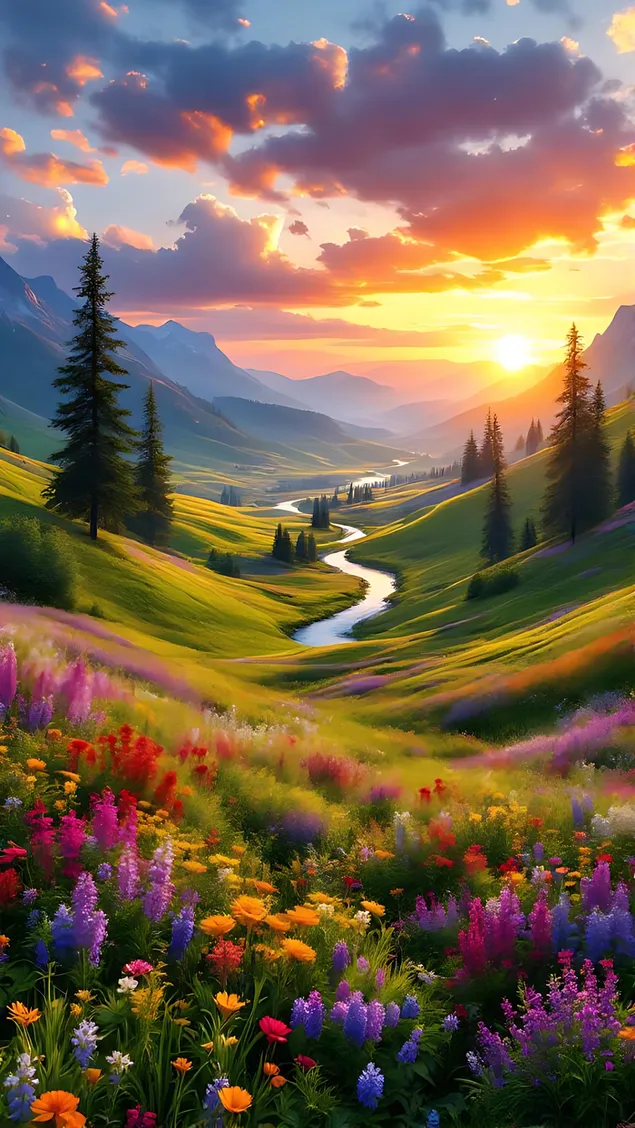 zalazak sunca na planini, rijeka s divljim cvijecem preuzmi