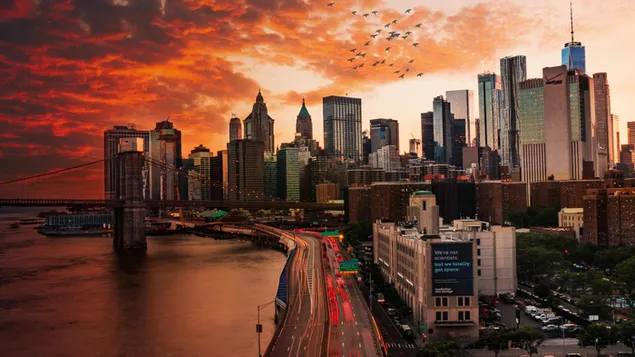 Sunset Over Manhattan Bridge 4K wallpaper