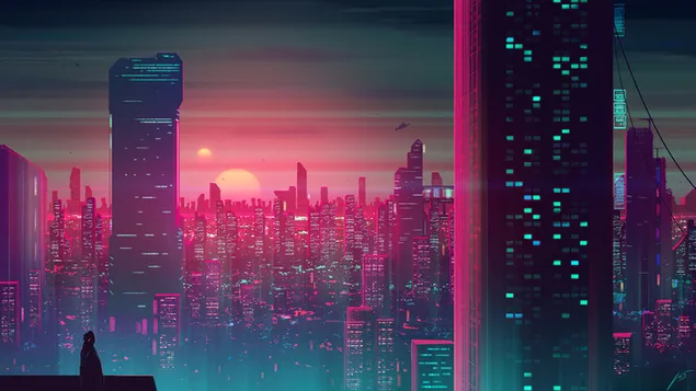 Sunset Scifi City 8K wallpaper