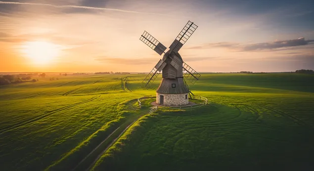 绿野中的日落风车 - 风景如画 4K 壁纸