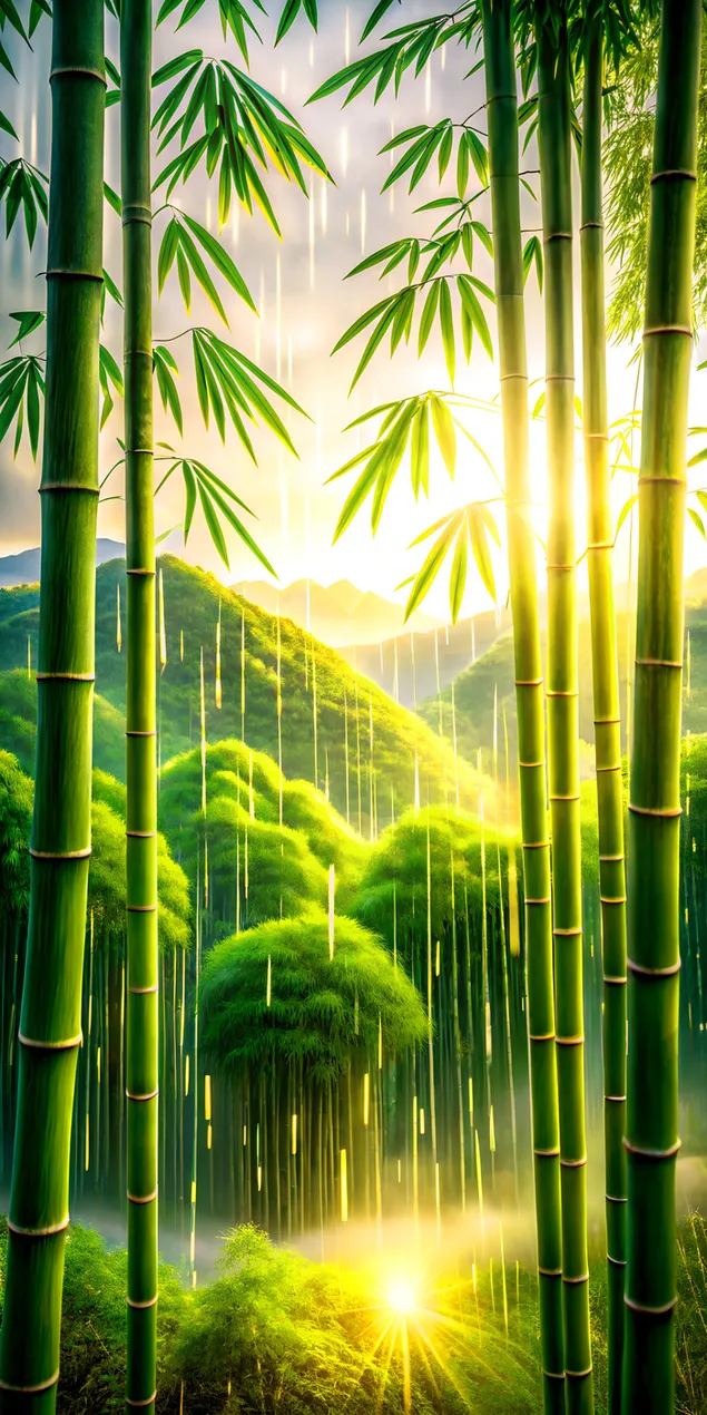 Hujan Matahari Menembus Hutan Bambu dengan Cahaya yang Dibiaskan Melalui Tetesan Air Hujan 2K wallpaper