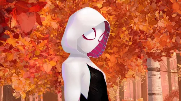 スパイダーマンから秋の枯葉の前で黒と白の衣装でスパイダー女性の驚くべきポーズ: スパイダーバース シリーズ