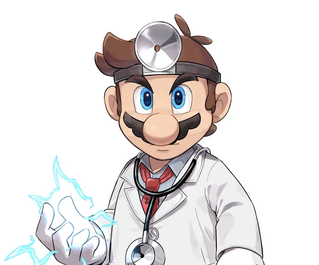 Super mario en traje de doctor con ojos azules con una linterna en su cabello castaño y un estetoscopio alrededor de su cuello