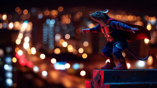 גיבור-על עכברוש מצטלם בצורה דרמטית על גג בלילה 2K טפט