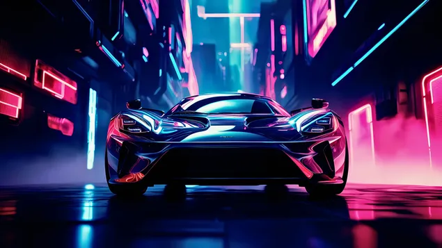 Supercar בסמטת ניאון - Supercar משייטת בסמטה מוארת ניאון 4K טפט