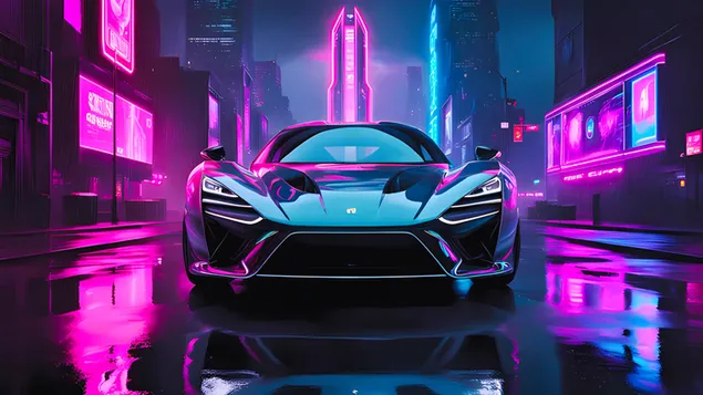 Neon City Supercar - מכונית על אלגנטית בנוף עירוני מואר ניאון. 4K טפט