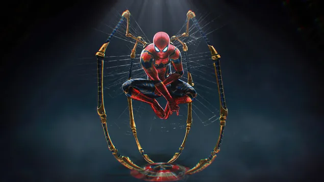 Superhero Spider-Man posing in a spider web 8K wallpaper