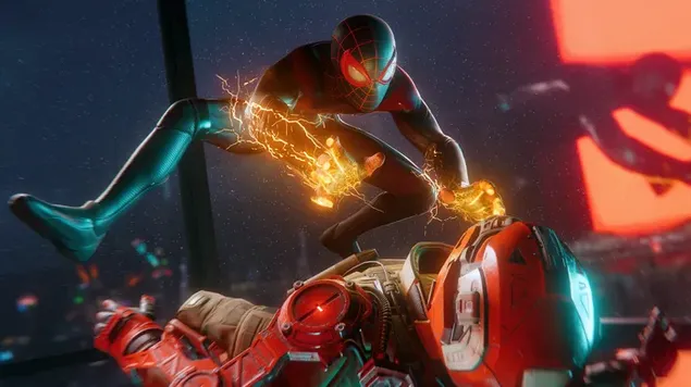 Superhero spiderman fists fighting red robot in fire.
