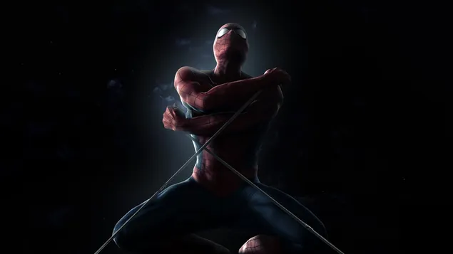 Superhéroe de la película Superman en traje de araña azul rojo frente al fondo negro