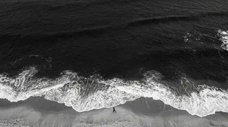 surfer walks along shoreline with waves download