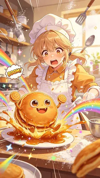 prekvapena anime kucharka s roztomilym zivoucim palacinkovym monstrem v chaoticke kuchyni ilustrace stahnout