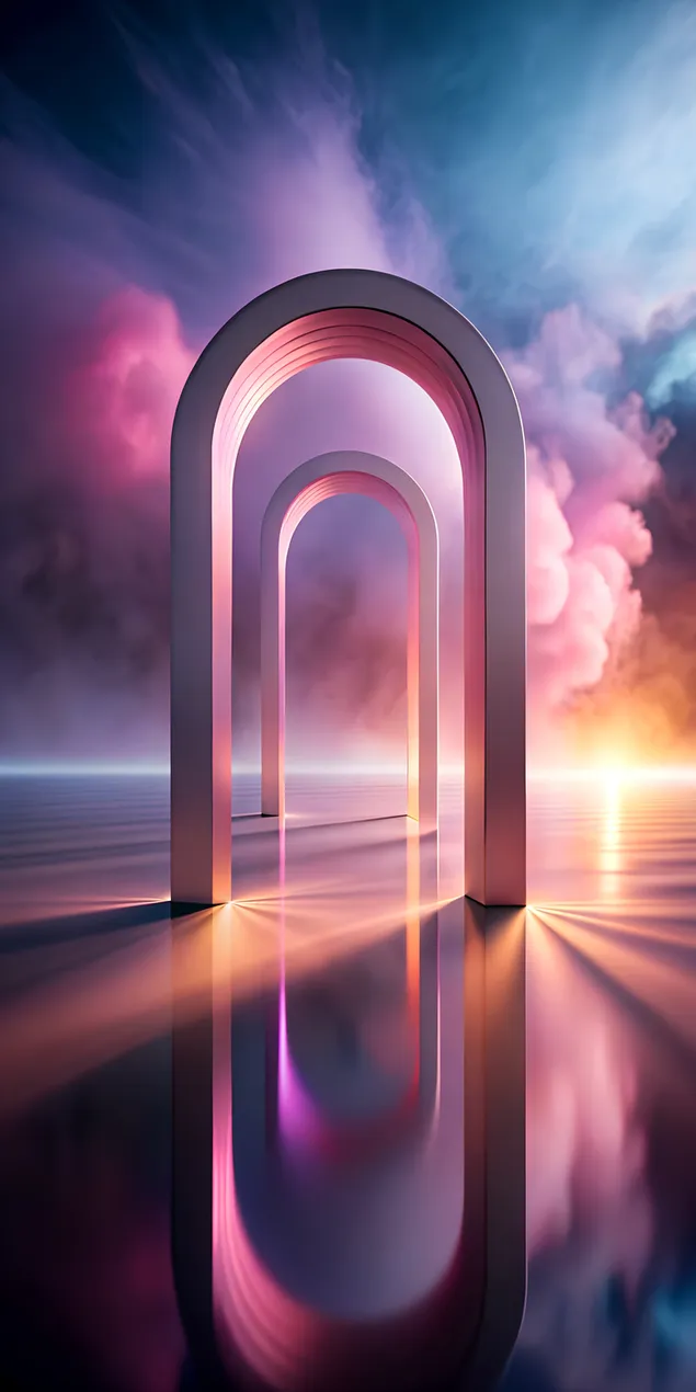 קשתות מופשטות סוריאליסטיות עם זוהר שיפוע בין השתקפויות שמיים חלומיות 2K טפט