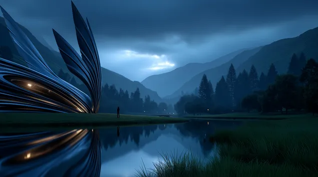 Сюрреалистична извънземна структура в спокоен пейзаж на планинско езеро 2K тапет