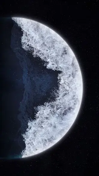surreal artistic planet surface with crashing ocean waves in deep dark outer space download